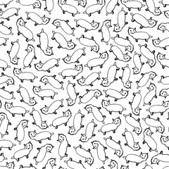 Vector seamless pattern with cats. Doodle hand drawn background with kittens. Black and white colors. Outline. For coloring.