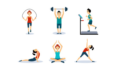 Fototapeta na wymiar People doing sport exercises set, men and women jumping rope, running on a treadmill, doing fitness and yoga exercises, active healthy lifestyle concept vector Illustration