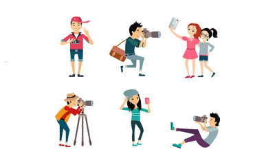 People taking photos set, model posing while photographer photographing, girls doing selfie vector Illustration on a white background