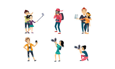 Fototapeta na wymiar People taking photos set, professional photographer with camera, creative people doing selfie vector Illustration on a white background