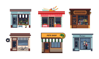 Facades of various shops set, flower, ice cream, bookstore, cafe, pets shop, boutique vector Illustration on a white background