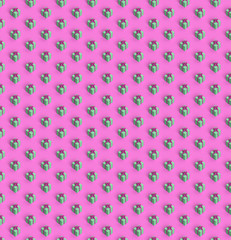 Green gift boxes on pink square background seamless pattern concept. Red ribbons holiday presents for birthday gift.