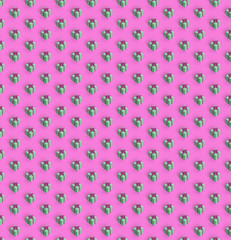 Green gift boxes on pink square background seamless pattern concept. Red ribbons holiday presents for birthday gift.