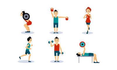 Fototapeta na wymiar People doing sport exercises set, men and women training with barbell, dumbbell, running, doing fitness and yoga exercises, active healthy lifestyle concept vector Illustration