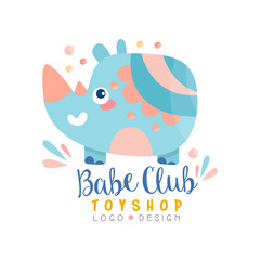 Babe club toyshop logo design, badge with cute rhino can be used for baby store, kids market vector Illustration on a white background