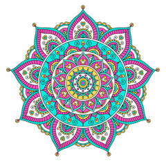 Wektorowa ręka rysująca doodle mandala z sercami. Etniczne mandali z kolorowym ornamentem. Odosobniony. Tribal ornament. Jasne kolory mandali. - 233353645