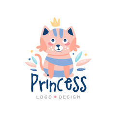 Princess logo design, emblem with cute cat can be used for kids club, baby shop, kids market, kindergarten and any other children projects vector Illustration
