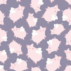 Vector seamless pattern with cute pigs. Childish background with hand drawn funny animals. Pastel colors.