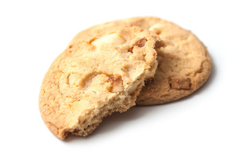 closeup of white chocolate cookies on white background
