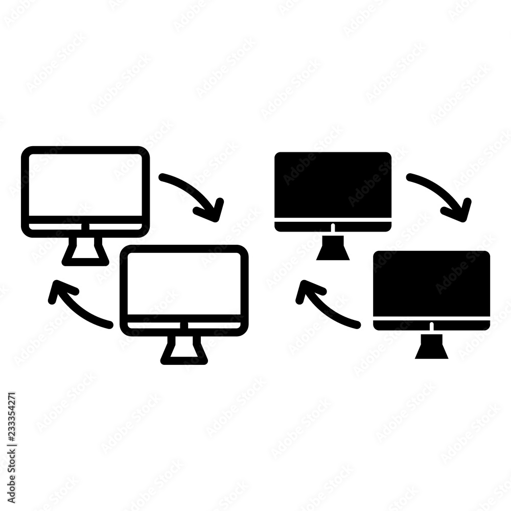 Poster two computer with arrows line and glyph icon. computer exchange vector illustration isolated on whit