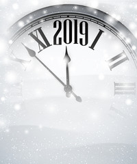 Fototapeta na wymiar White blurred 2019 New Year background with grey clock.