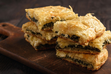 Homemade savory pie  with spinach and feta cheese.