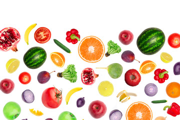 Pattern of vegetables and fruits. Food background Top view Composition of plums, peppers, cucumbers, green radish, tomatoes, apples, banana, lemon and orange, watermelon, pomegranate isolated on white