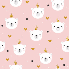 White bear princess with glitter crown seamless pattern. Cute kids print. Vector hand drawn illustration.