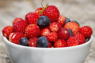 Fresh berries of wild strawberries and blueberries close-up
