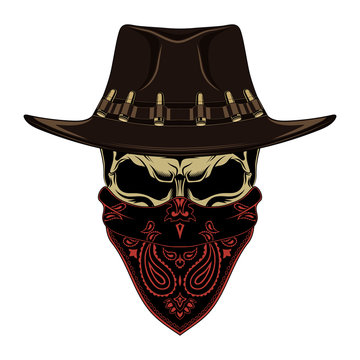 Color vector image of a skull in a cowboy hat and a bandana.