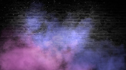 Empty background of old brick wall, black color, multi-colored smoke, neon light