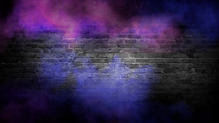 Empty background of old brick wall, black color, multi-colored smoke, neon light