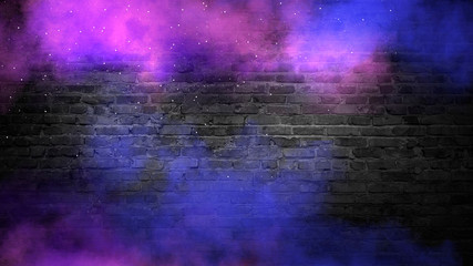 Empty background of old brick wall, black color, multi-colored smoke, neon light © MiaStendal