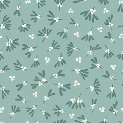 Seamless abstract mistletoe with white berries pattern on a green background