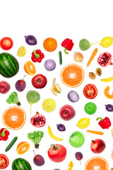Fototapeta na wymiar Pattern of vegetables and fruits. Food background Top view Composition of plums, peppers, cucumbers, radish, tomatoes, apples, banana, lemon and orange, watermelon, pomegranate isolated on white
