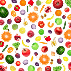Pattern of vegetables and fruits. Food background Top view Composition of plums, peppers, cucumbers, green radish, tomatoes, apples, banana, lemon and orange, watermelon, pomegranate isolated on white