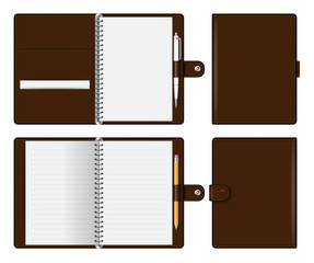 Realistic brown notebook mockup for branding and corporate identity. Notepad with pencil and pen isolated vector illustration on white background