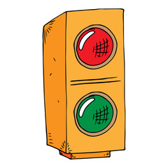 Orange traffic light with red and green color. Vector illustration traffic light for two colors. Hand drawn.
