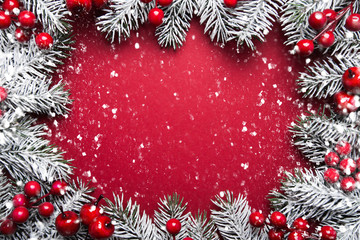 Fototapeta premium Red Merry Christmas and Happy Holidays greeting card, frame, banner. New Year. Winter holidays.