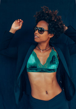 Beautiful afro model in the bra and costume