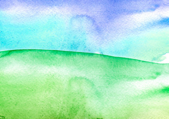 Watercolor splash stain, blue and green. Abstract blot, background. Watercolor field, sky and grass. Abstract suburban landscape, hill.