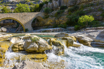 iydillic river with small fall an old bridge in the Provence, Gorges de la Méouge