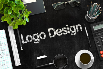 Logo Design on Black Chalkboard. 3D Rendering.