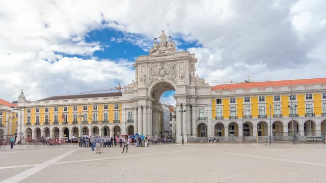 Triumphal arch at Rua Augusta at Commerce square timelapse hyperlapse in Lisbon, Portugal.