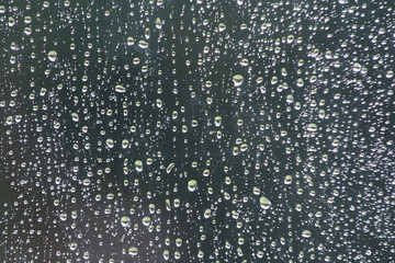 Rain drops on glass window with fresh outdoor background