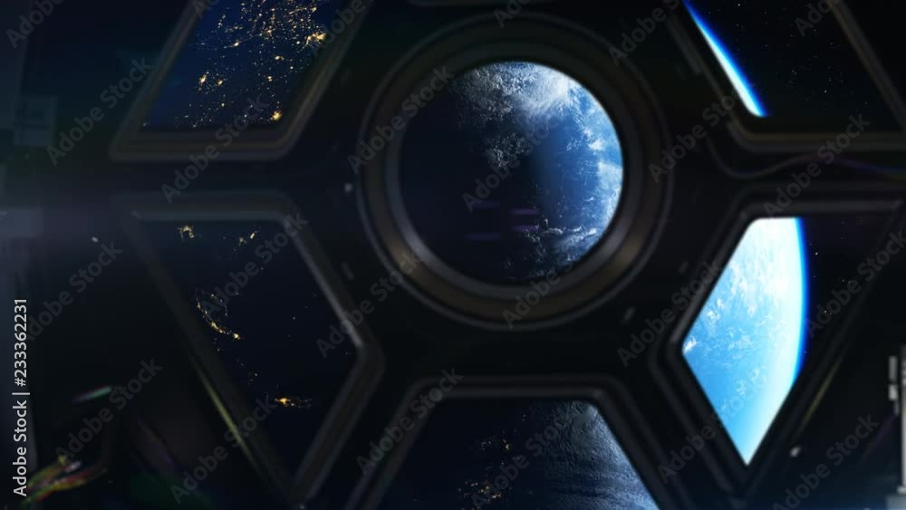Sticker 3d animation of a spaceship in orbit around planet earth in 4k