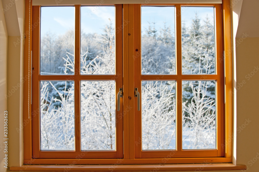 Wall mural view through a window, winter time