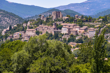 landscape panorama with Montbrun-les-Bains, Provence, France, village and mountainscape