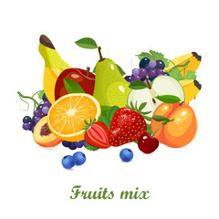 Fresh juicy fruits and berries mix on white background vector illustration