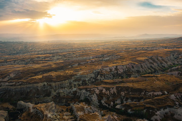 Beautiful landscape aerial view of Goreme, Cappadocia, turkey, rock mountain in morning