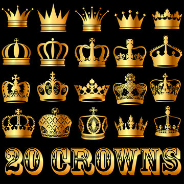 Illustration of a set of gold crowns on a black background