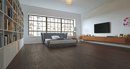 Camera da letto open-space, illustrazione 3d