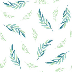 Seamless pattern with green leaves on a white background. Vector