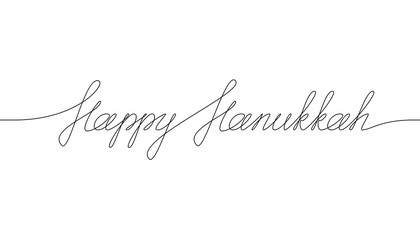 HAPPY HANUKKAH handwritten inscription. One line drawing of phrase