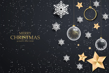 Black christmas background with white snowflakes. Festive Christmas background with shining gold balls, stars. Vector illustration - 233364082