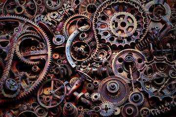 Steampunk background, machine parts, large gears and chains from machines and tractors.