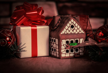 gingerbread house,Christmas balls and Christmas gifts. photo with copy space