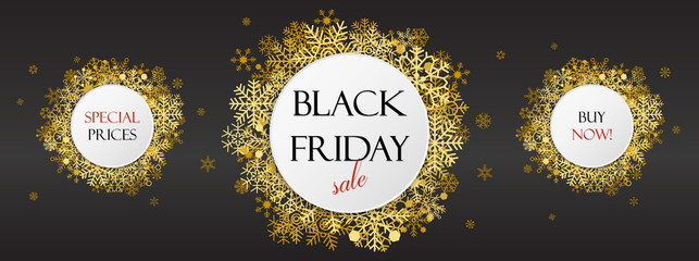 Black friday offers, black friday banner with golden snowflakes on dark background 