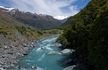 Fototapeta na wymiar On the bridge across the West Matukituki River near Rob Roy Glacier near Wanaka in New Zealand