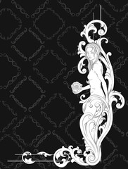 Vintage baroque corner scroll ornament with a woman